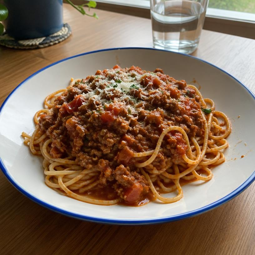 Plato de pasta a la boloñesa casera