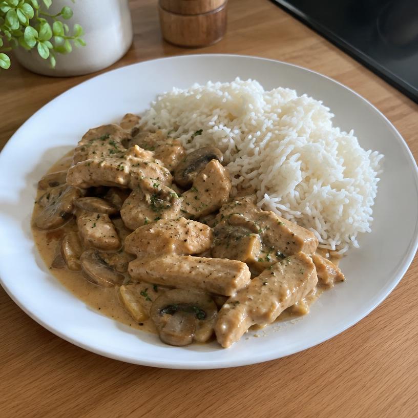 Strogonoff de pollo con arroz blanco