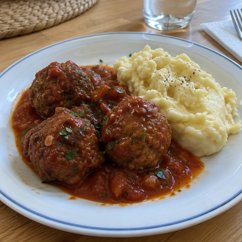 Albóndigas en salsa con puré de papa