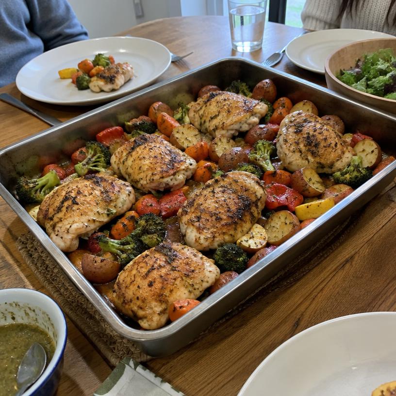 Charola de pollo con verduras al horno para la familia